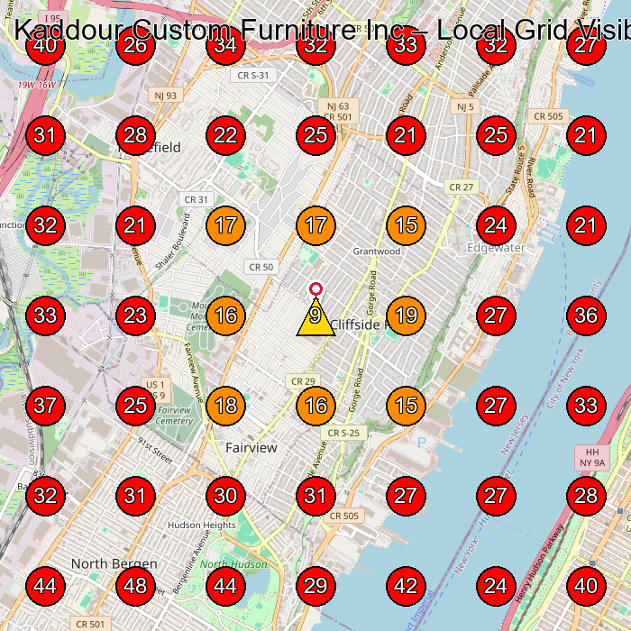 Kaddour Custom Furniture Inc GeoGrid visibility map for Contractor in Edgewater